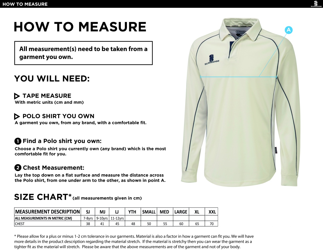 Huntingdon & District CC - Senior Premier Long Sleeve Shirt Maroon Trim Shirt - Size Guide