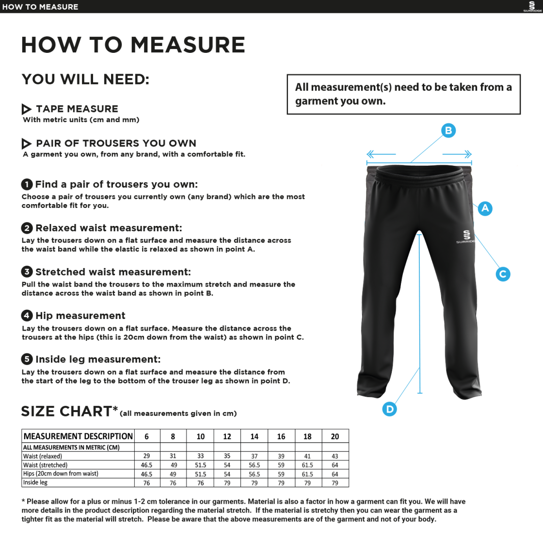 Huntingdon & District CC - Women's Rip Stop Track Pant - Size Guide