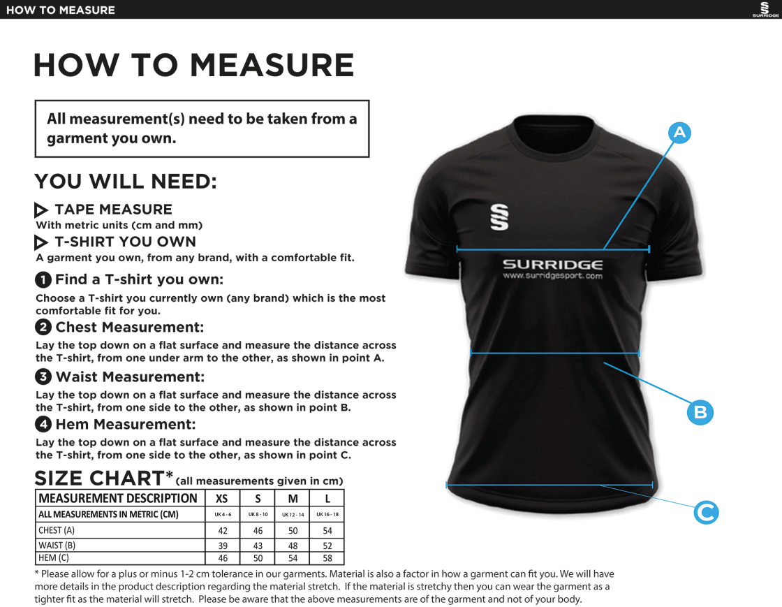 Huntingdon & District CC - Women's Blade Polo Shirt - Size Guide