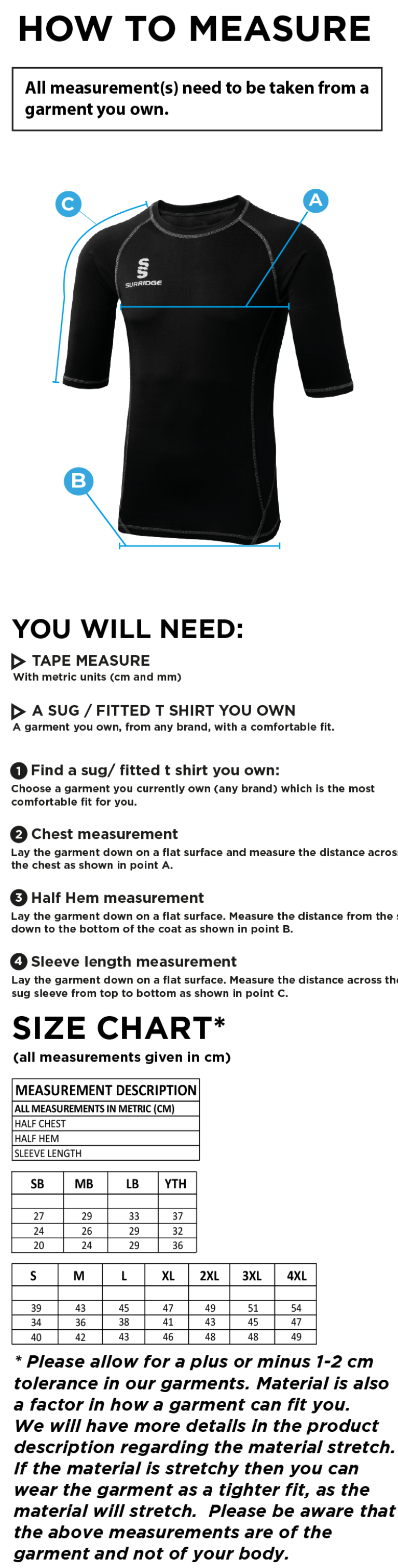 Huntingdon & District CC - Premier Short Sleeve Sug - Size Guide