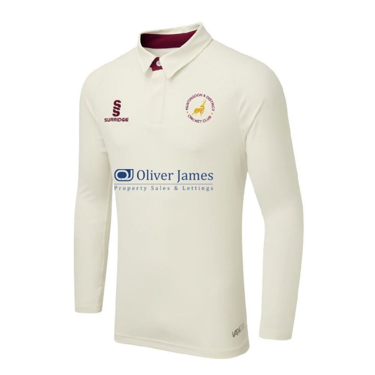 Huntingdon & District CC - Senior Ergo Long Sleeve Maroon Trim Shirt