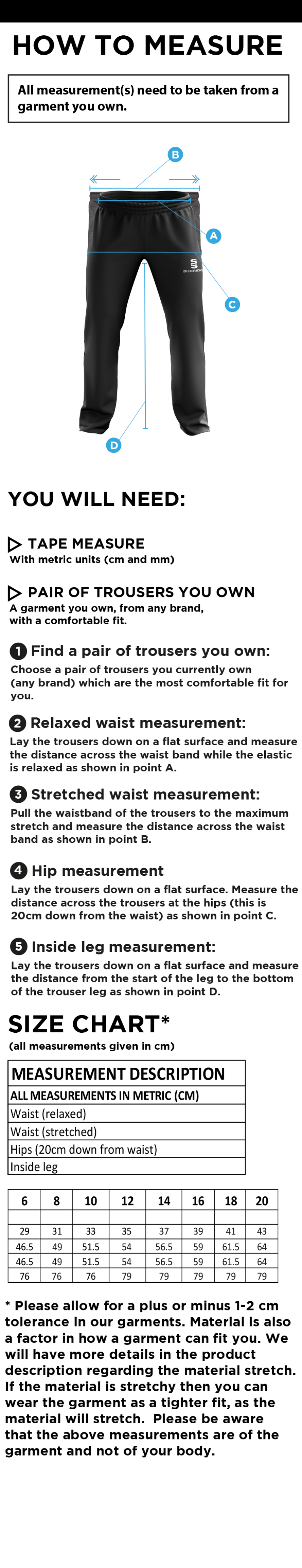 Huntingdon & District CC - Women's Rip Stop Track Pant - Size Guide