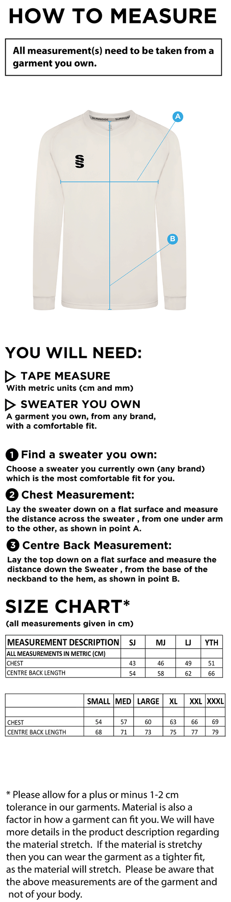 Huntingdon & District CC - Blast Long Sleeve Cricket Sweater - Size Guide