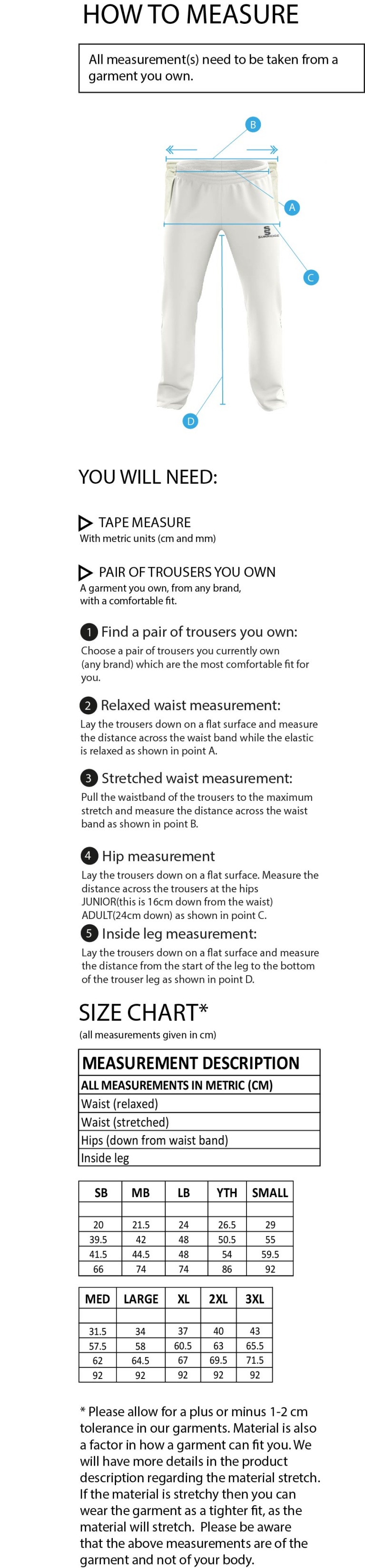 Huntingdon & District CC - Standard Playing Pant - Size Guide