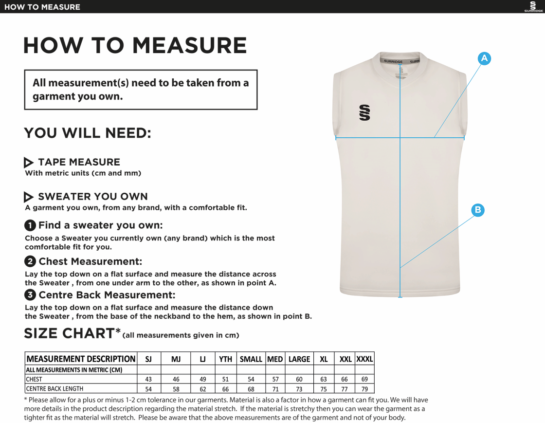 Huntingdon & District CC - Blast Sleeveless Cricket Sweater - Size Guide