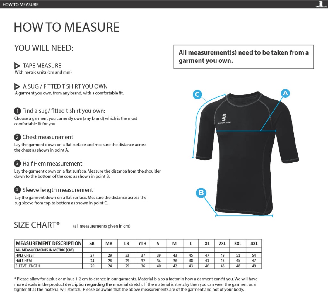 Huntingdon & District CC - Premier Short Sleeve Sug - Size Guide
