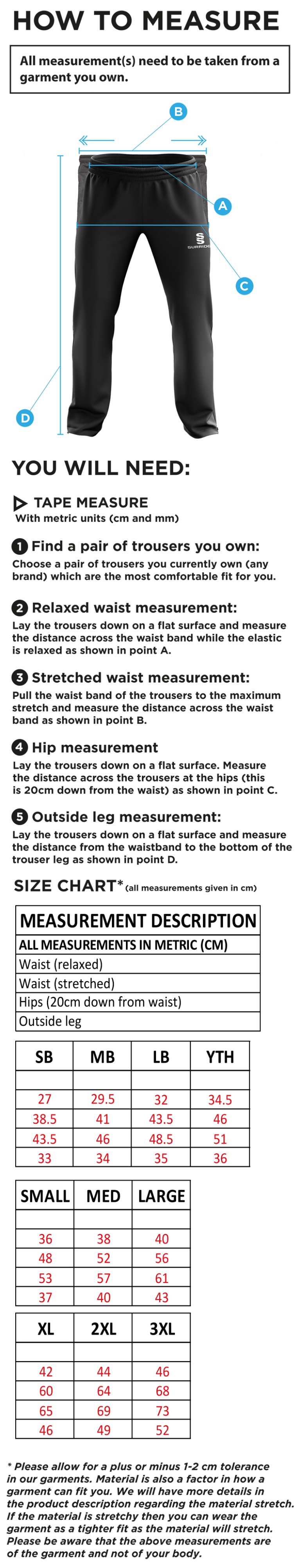 Huntingdon & District CC - Ripstop Track Pant - Size Guide