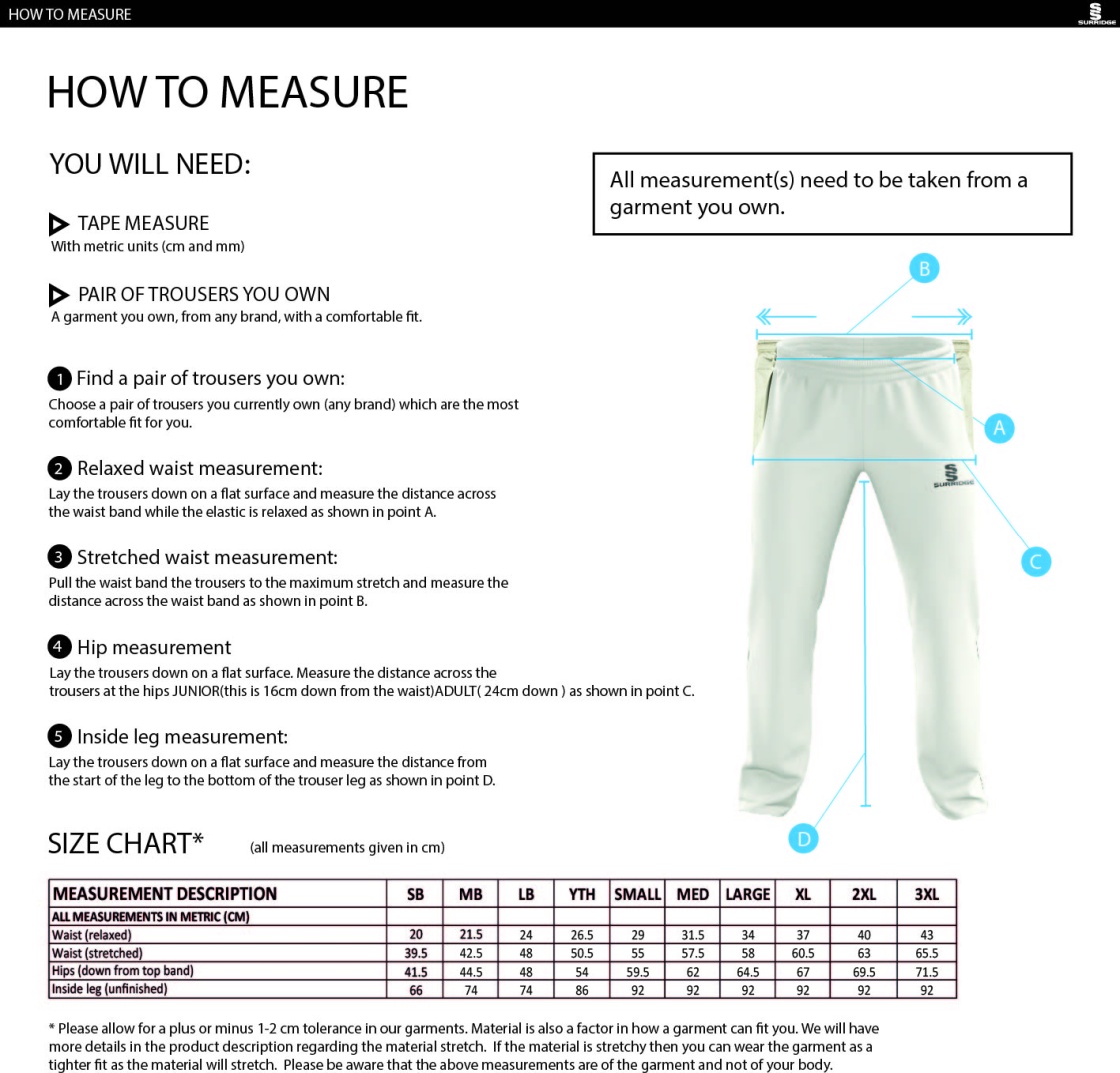 Huntingdon & District CC - Standard Playing Pant - Size Guide