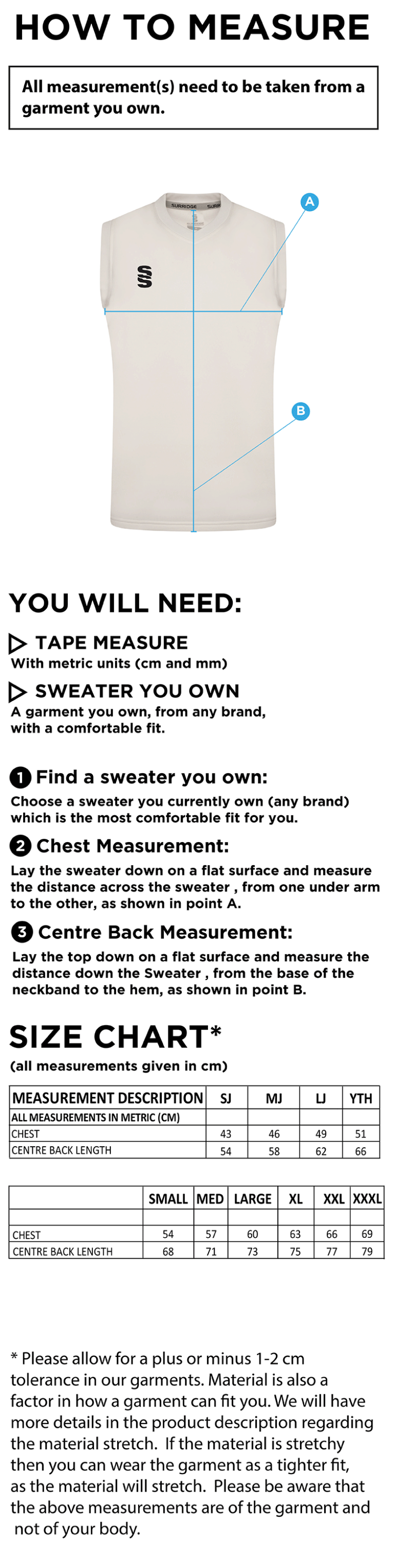 Huntingdon & District CC - Blast Sleeveless Cricket Sweater - Size Guide