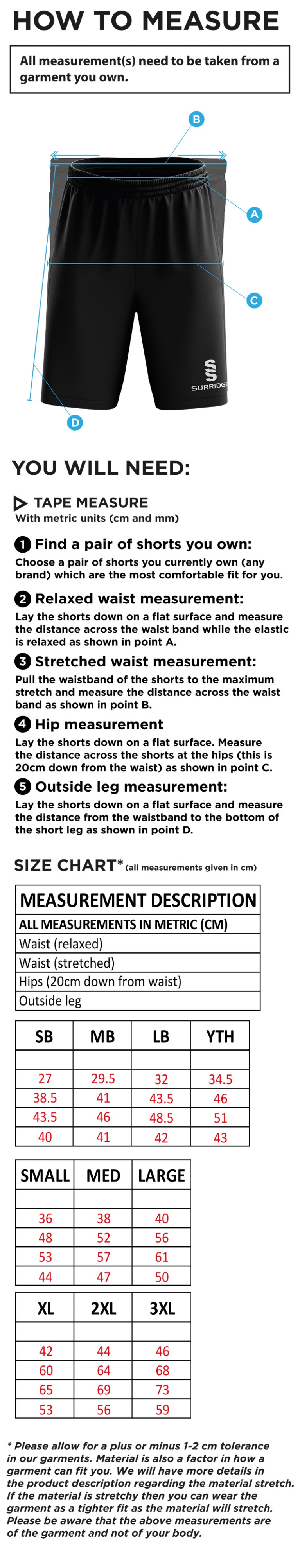Huntingdon & District CC - Ripstop Short - Size Guide