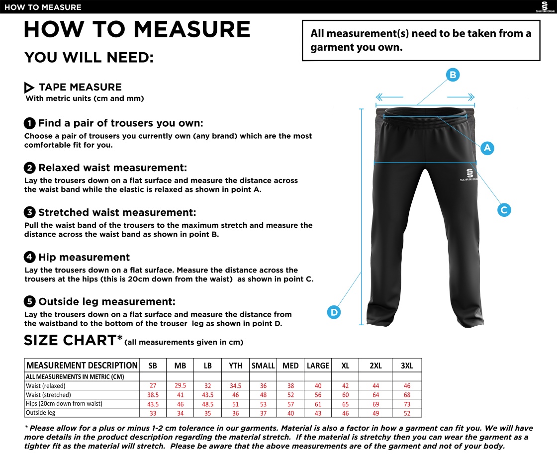Huntingdon & District CC - Ripstop Track Pant - Size Guide