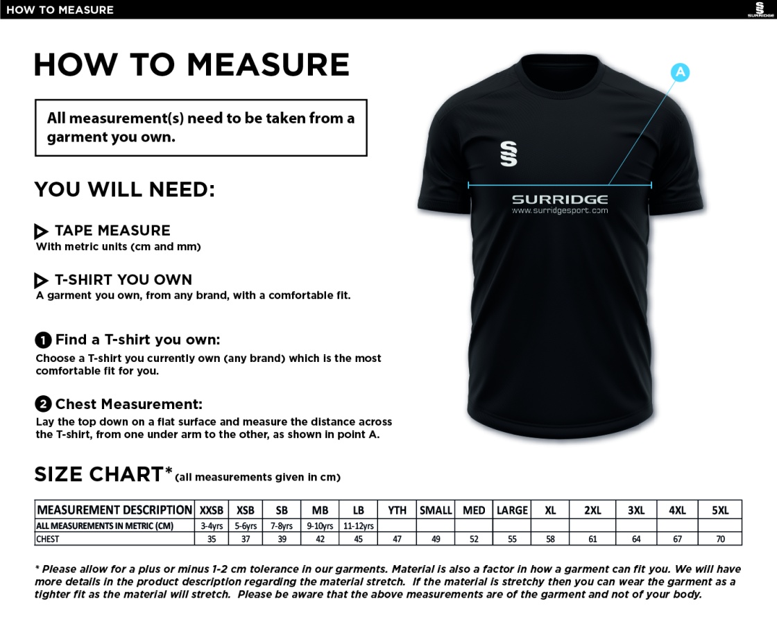 Huntingdon & District CC - Blade Polo Shirt - Size Guide