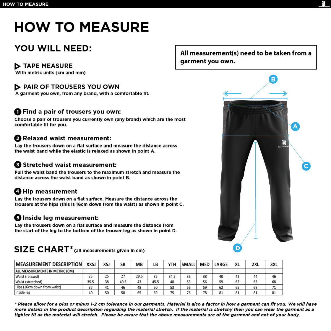 Huntingdon & District CC - Poplin Track Pant - Size Guide