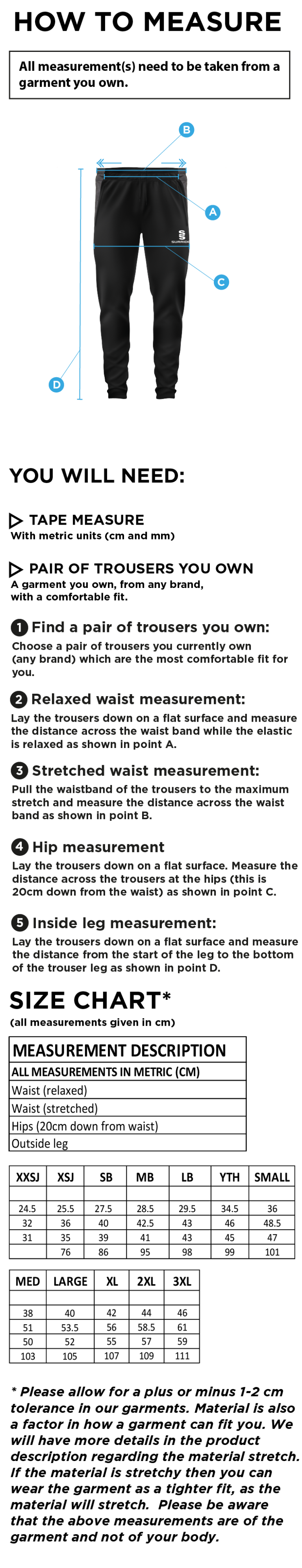 Huntingdon & District CC - Tek Slim Pant - Size Guide