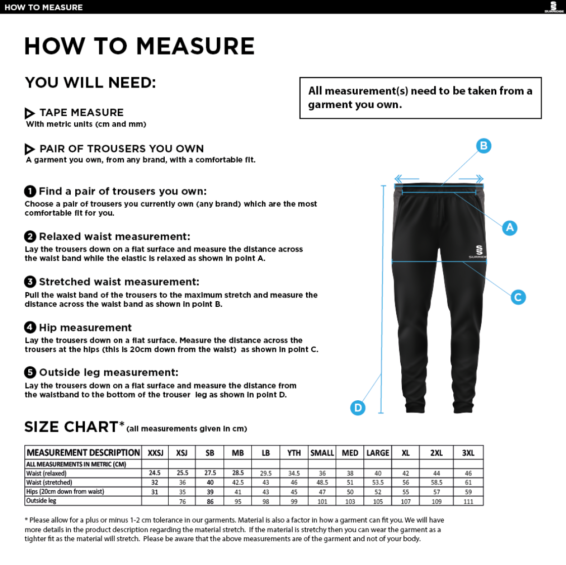 Huntingdon & District CC - Tek Slim Pant - Size Guide