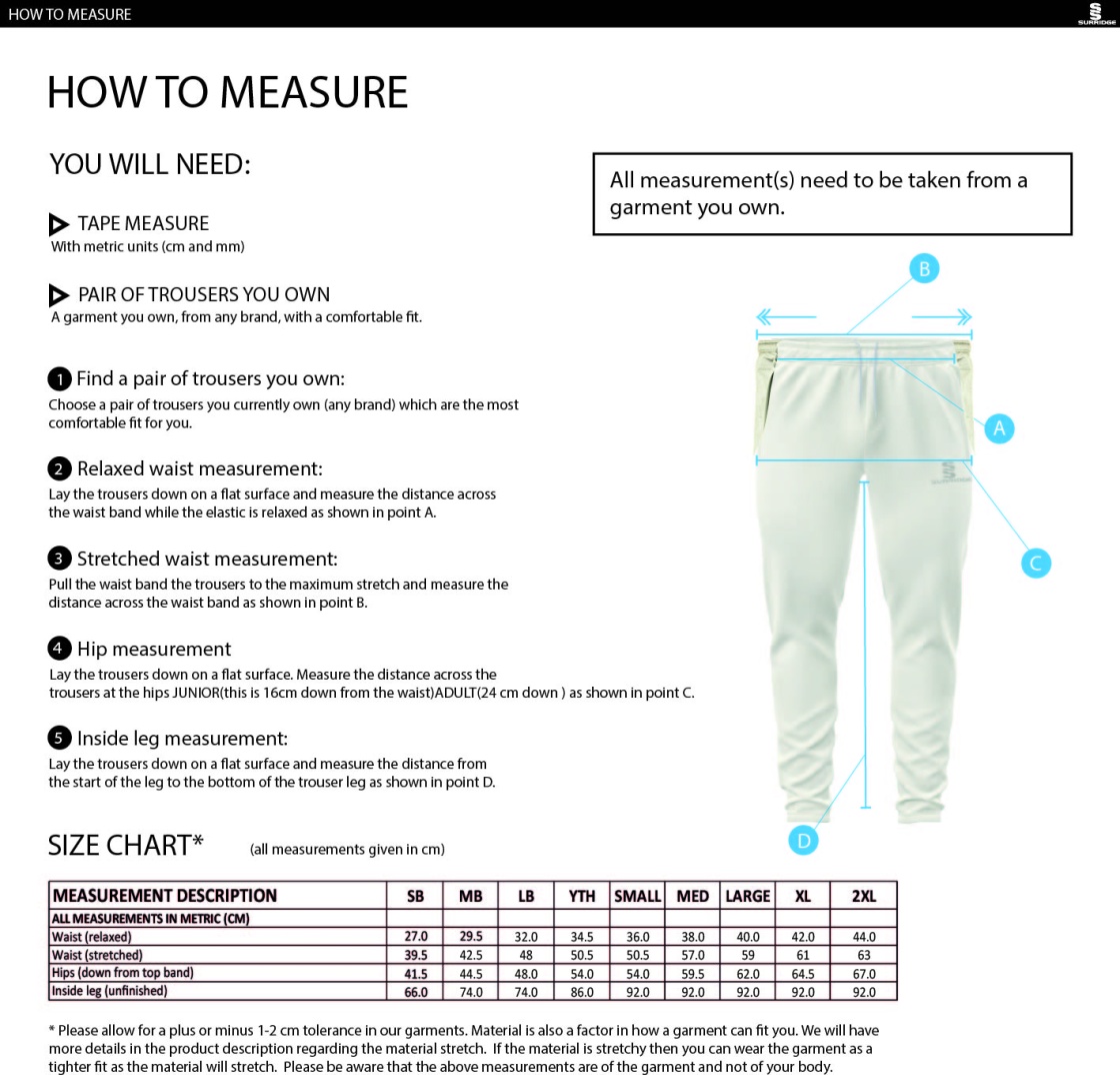 Huntingdon & District CC - Tek Playing Pant - Size Guide