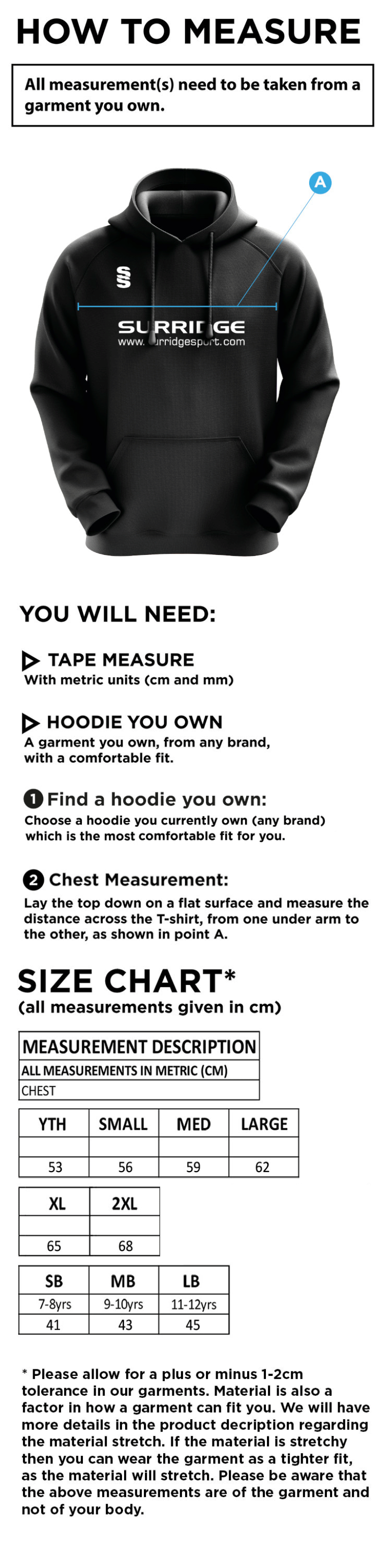 Huntingdon & District CC - Blade Hoody - Size Guide