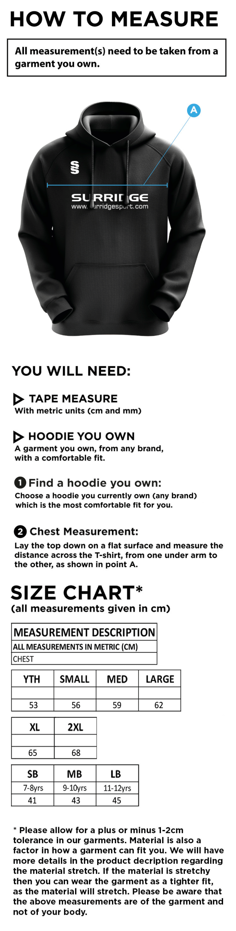 Huntingdon & District CC - Blade Hoody - Size Guide