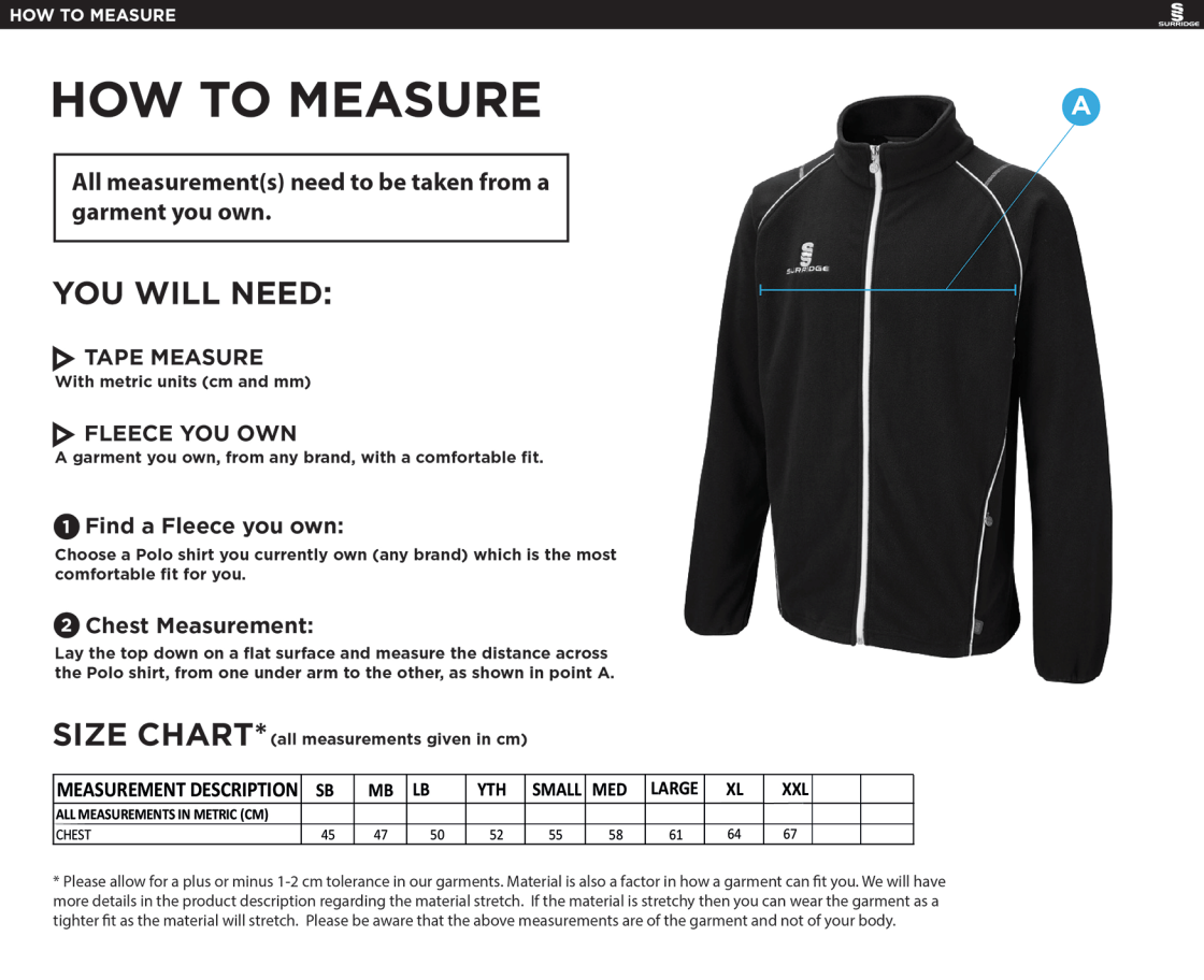 Huntingdon & District CC - Full Zip Fleece Jacket - Size Guide