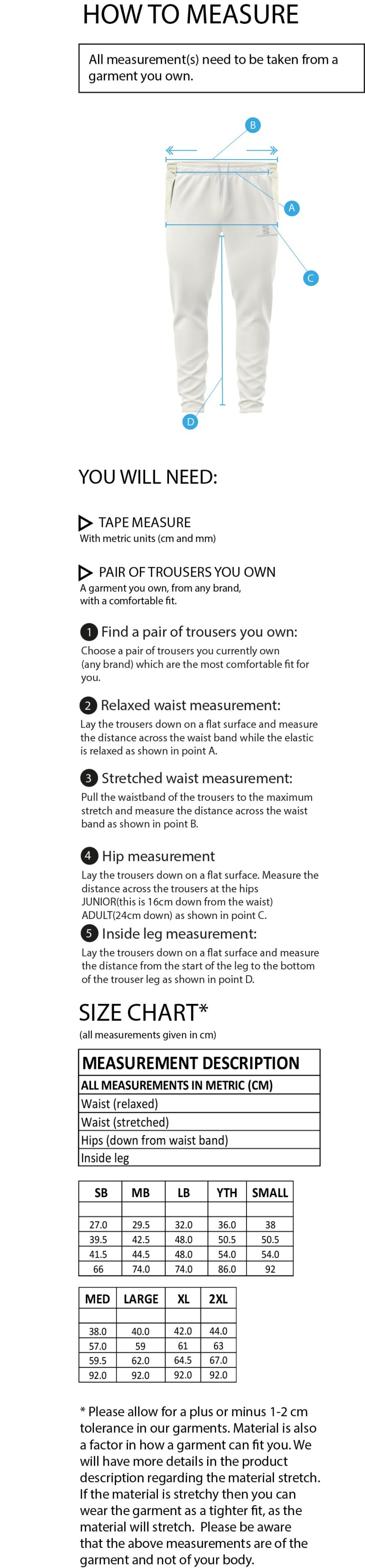 Huntingdon & District CC - Tek Playing Pant - Size Guide