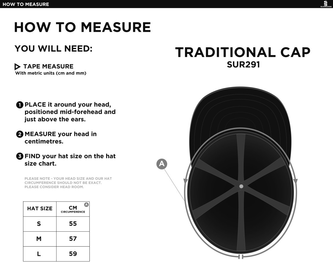 Huntingdon & District CC - English Playing Cap - Size Guide