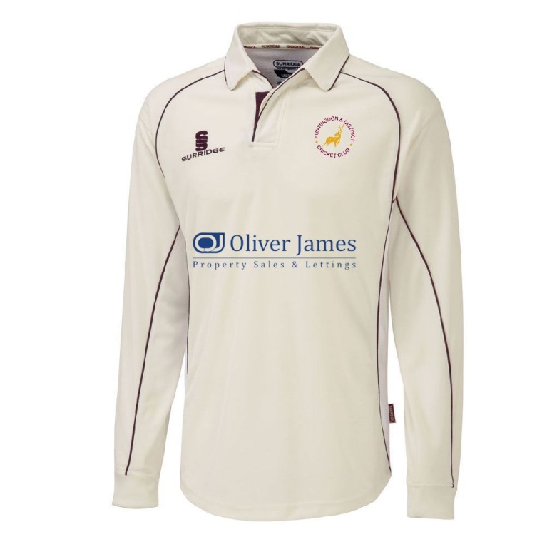 Huntingdon & District CC - Senior Premier Long Sleeve Shirt Maroon Trim Shirt