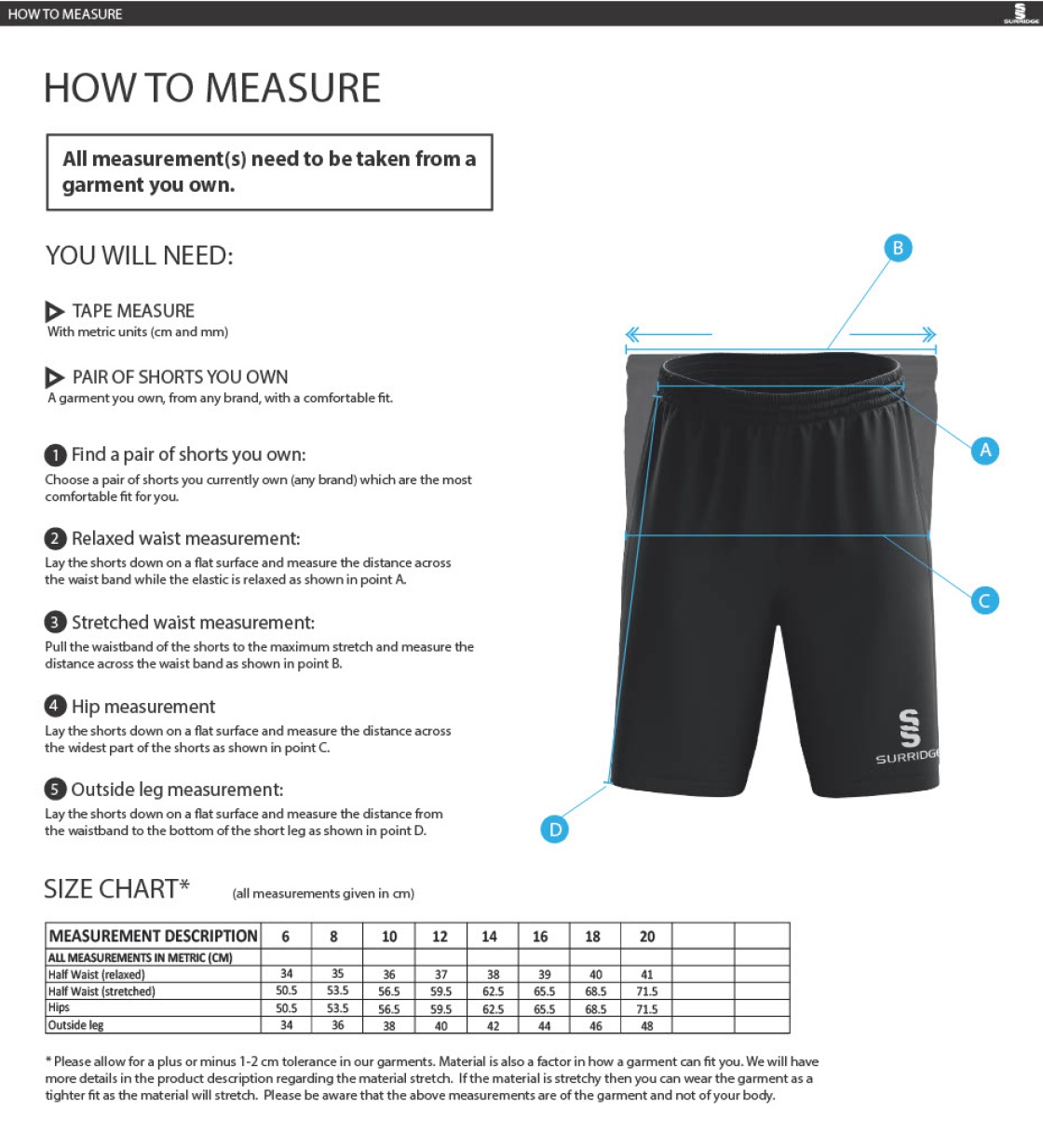 Huntingdon & District CC - Women's Ripstop Short - Size Guide