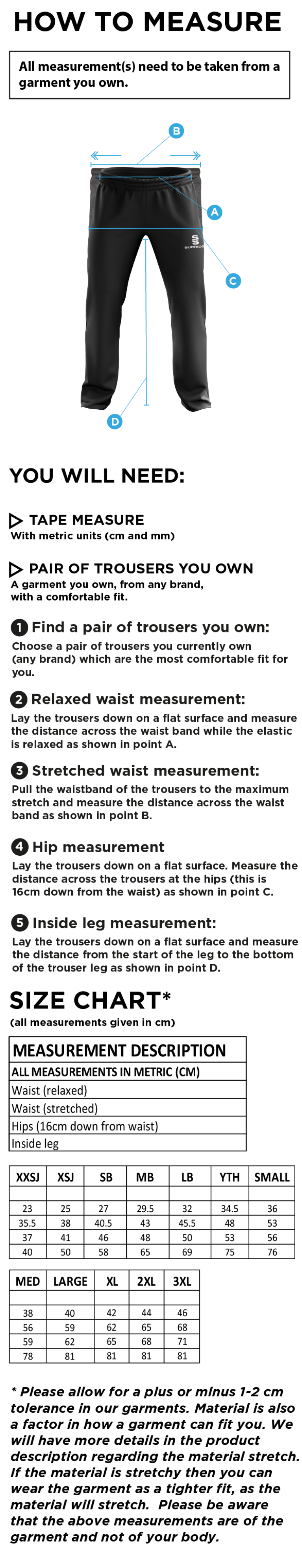 Huntingdon & District CC - Poplin Track Pant - Size Guide