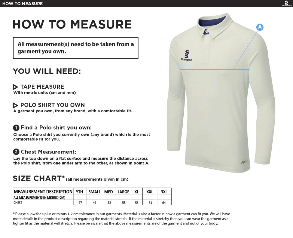 Huntingdon & District CC - Senior Ergo Long Sleeve Maroon Trim Shirt - Size Guide