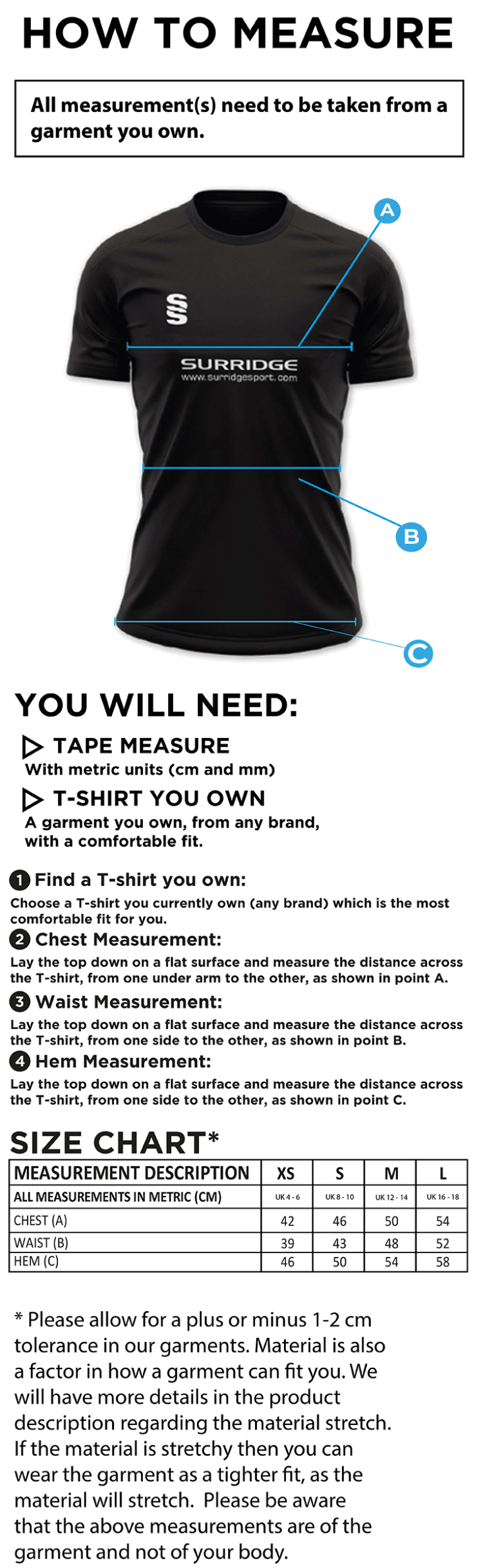Huntingdon & District CC - Women's Blade Polo Shirt - Size Guide