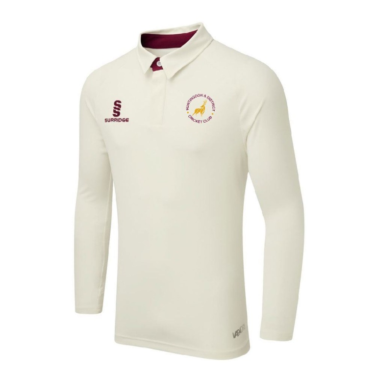 Huntingdon & District CC - Ergo Long Sleeve Maroon Trim Shirt